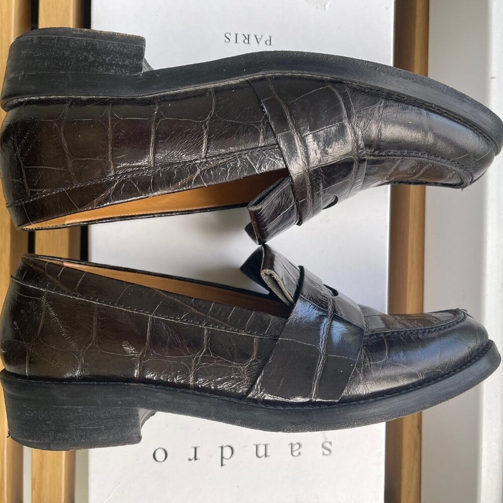 Sandro Dark Brown Croc-Embossed Leather Penny Loafers